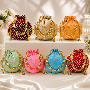 Designer Indian Bridal Potli Bag Handmade Silk Pearl Handle Ethnic Wedding Return Gift Fancy Potli <b>Purse</b> for Women Party Wear - Product Image 1