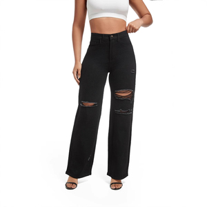 Vaqueros de mezclilla rasgados de cintura alta y pierna ancha para mujer, negros lisos, de ajuste holgado informal, de largo completo, estilo primavera - Product Image 3