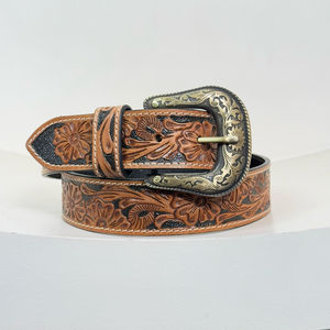 2025 Trending Floral Designer Cinturón de cuero mecanizado a mano para hombres y mujeres Personalización Cinturones de cuero genuino de vaca ajustables - Product Image 4