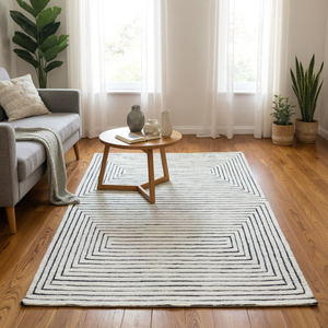 Tapis moderne en laine tuftée à la main noir et blanc 25 KPSI, motif géométrique rectangulaire concentrique en labyrinthe, tapis et moquette pour la décoration - Product Image 1