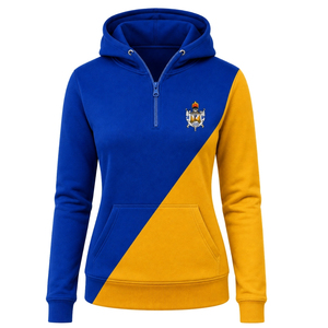 เสื้อฮู้ดดี้ผู้หญิงสีน้ำเงินรอยัลทอง แต่งแถบสี 2 แถบ ซิปครึ่งตัว แขนยาว สไตล์ลำลอง สำหรับชมรมนักศึกษา - Product Image 1
