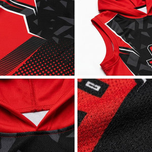 Ensemble de maillots de basket-ball sublimés personnalisés pour hommes, à capuche, sans manches, rouge et noir, imprimé géométrique, respirant, coupe athlétique - Product Image 6