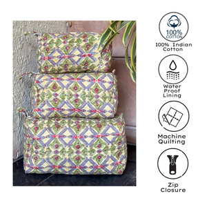 Luxury Jaipur Hand Block Printed Travel Pouch Set Quilted Cotton Cosmetic Organizer Waterproof Washable <b>Storage</b> Bags Daily Use - Product Image 2