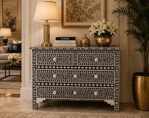 Commode moderne à 2 tiroirs avec incrustations en os, meuble de chambre et de salon, pour salle de bain, provenance Inde - Product Image 2