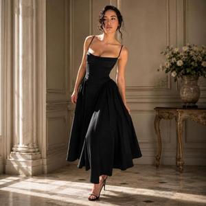 Robe longue élégante noire 100 % coton, coupe trapèze, col cœur, sans bretelles, taille basse, écologique, respirante, pour soirée et fête - Product Image 2