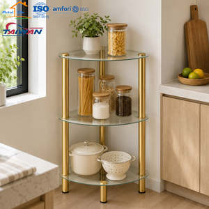 Fabriqué à Taïwan, étagère d'angle en verre trempé à 3 niveaux, support de rangement pour salle de bain avec tubes chromés, ISO9001 - Product Image 1