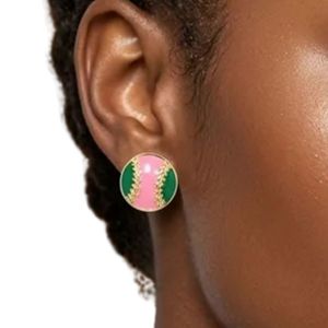 Pendientes de Botón de Béisbol en Oro Rosa de 14K con Detalles en Verde, Joyería de Moda para Mujer, Pendientes Elegantes Inspirados en el Deporte, Accesorio de Regalo para Fiestas - Product Image 3