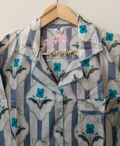 Artisanal Hand Block Printed Cotton Pajama Set Elegant Floral Mughal Motif Summer Nightwear Soft Breathable Quick Dry Sleepwear - Product Image 3