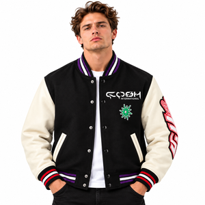 Chaqueta Varsity para hombre en negro y bloques de color con logo bordado, botones a presión, estilo Letterman, chaqueta bomber de béisbol para hombre. - Product Image 1