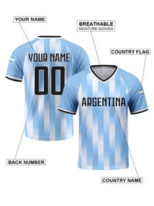 Camiseta de Fútbol de Argentina para Hombre, Personalizada con Nombre y Número, Cuello en V, Manga Corta, Transpirable, de Poliéster, para Adultos - Product Image 3