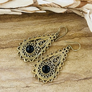 Statement Design Trendy Teardrop Dangle <b>Earrings</b> Boho Brass Jewelry Women Antique Brass Finish Tribal <b>Black</b> <b>Onyx</b> Wholesale/OEM - Product Image 5