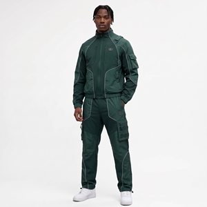 <b>mens</b> dark green tactical tracksuit <b>white</b> piping full zip windbreaker jacket <b>cargo</b> track pants set streetwear 2 piece sweat suit - Product Image 1
