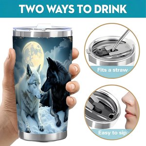Stainless Steel Tumbler 20oz <b>Double</b> <b>Wall</b> Insulated Travel <b>Mug</b> Wolf Design Gift For Outdoor Use - Product Image 5
