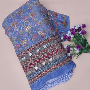 Tela de crepé floral de lentejuelas pesadas color marfil, tejido ligero con bordado, 54 pulgadas, material de borde Daman para Kurtis, túnicas y vestidos Anarkali. - Product Image 2