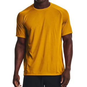 T-shirt décontracté pour homme, jaune moutarde, manches courtes, col rond, coupe classique, 100% coton tricoté, séchage rapide, respirant, couleur unie, 300g - Product Image 1