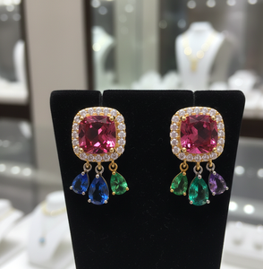 Pendientes Pequeños de Plata de Ley 925 con Baño de Oro de 18K, con Múltiples Piedras Rosadas de 10mm y Circonitas Cúbicas, 12g, Joyería para Fiesta, Regalo para Mujer - Product Image 2