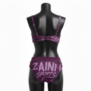 Ensemble de bikini pour femme en polyester et élasthanne 220 GSM de qualité supérieure, imprimé violet avec empiècements sportifs, haut zippé, logo personnalisé pour ensemble de bikini - Product Image 2