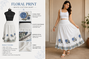 Handblock Print White Cotton <b>Skirt</b> Smocked <b>Elastic</b> Waist Midi <b>Skirt</b> Indian Traditional Floral Butta Ruffled Bottom Frill <b>Skirt</b> w - Product Image 3