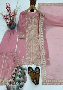 ZAIN EXPORT NEW DESIGNER HEAVY FAUX GEORGETTE Women's Sharara <b>Suit</b> Set Traditional Salwar Kameez Sequins <b>Fancy</b> Latkan Lace - Product Image 3