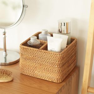 Metal Frame Woven Rattan Asian Zen Round Adjustable Tabletop LED Display Screen <b>Makeup</b> and Small Item Storage <b>Box</b> - Product Image 1
