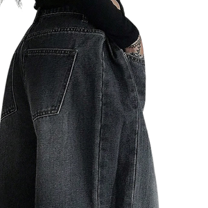 Jeans de mezclilla negros de cintura media y pierna ancha para mujer, de marca personalizada, estilo casual urbano, cinco bolsillos, transpirables, mezcla de algodón, 380g - Product Image 4