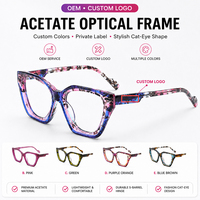 Monture optique œil-de-chat en acétate avec lamination couleur, aux nuances vives et variées, pour fournisseur de lunettes en gros avec logo personnalisé OEM