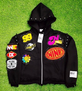 Sudadera con capucha de algodón grueso estilo Y2K vintage con cremallera completa, dobladillo sin rematar y patchwork, de fabricante OEM personalizado - Product Image 1