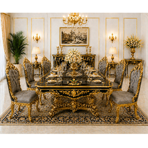 Ensemble de salle à manger de style impérial, thème noir et or, ensemble exclusif de 8 places, ensemble de salle à manger en bois, meubles de salle à manger sculptés à la main de style royal - Product Image 1