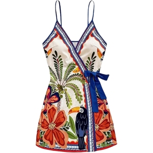 Vestido Mini con Estampado Tropical para Mujer, Vestido Cruzado de Verano con Cuello en V y Lazo, Vestidos para Vacaciones - Product Image 1