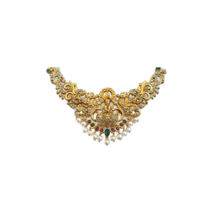 Antique Lakshmi Gold Plated Brass Short <b>Necklace</b> and Earring <b>Set</b> with White <b>Pearls</b> for Wedding - Product Image 2