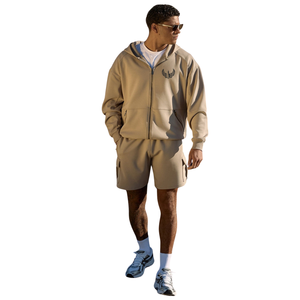 Mens Beige Full <b>Zip</b> <b>Hooded</b> Sweatshirt and Shorts Set Casual Athletic Sportswear Training Workout Summer Tracksuit Outfit - Product Image 1