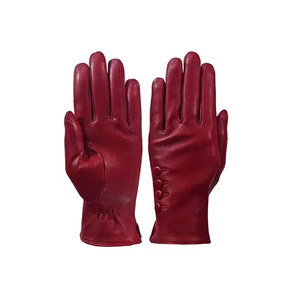 Red Leather Wrist Length Gloves Thermal Winter Plain Style Daily Use wool or silk lined - Product Image 4