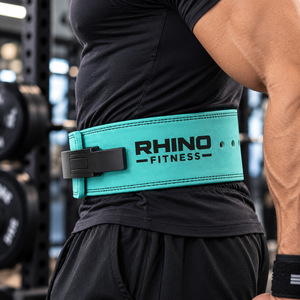 Ceinture de musculation professionnelle en néoprène vert sarcelle Rhino Fitness, protection durable, soutien lombaire réglable pour adultes - Product Image 3