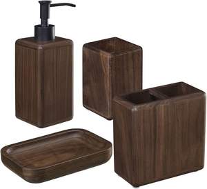 Meilleure Offre : Ensemble de 4 Accessoires de Salle de Bain de Luxe en Bois de Noyer Massif Écologique – Distributeur de Savon, Porte-Brosse à Dents, Gobelet, Savonnière - Product Image 1