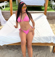 Bikini Segitiga Warna Pink Solid Model Tunnel dengan Tali Leher Berkerut, Pakaian Renang Khusus untuk Wanita