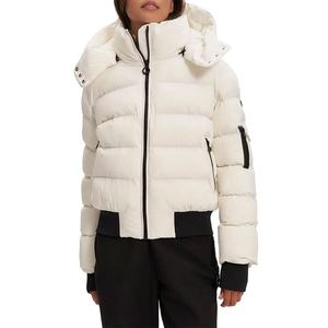 White Hooded Puffer <b>Jacket</b> Stand Collar Zipper Closure Quilted Down Filled Windproof Winter Coat Short Length Casual Style - Product Image 1