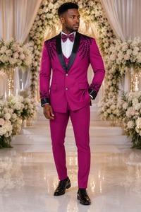 Men's Magenta Embroidered Viscose Tuxedo Suit 3-Piece Double Breasted Mandarin Collar Wedding Blazer Hand - Product Image 2