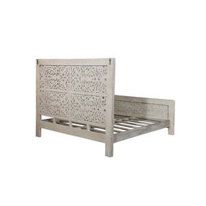 Ensemble de lit en bois d'acajou lavé gris floral Commode et table de chevet sculptées à la main Collection de meubles assortis - Product Image 2