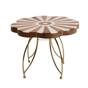 Flower Shape Wood Resin Cake Stand Stripe Inlay Sunburst Dessert Display Platter With Gold Metal Legs For Party Decoration - Product Image 5