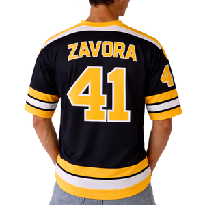 เสื้อฟุตบอลอเมริกันตาข่ายสีเหลืองดำสำหรับผู้ชาย แบบกำหนดเองได้ น้ำหนักเบา ผลิตจากโพลีเอสเตอร์ คอวี ชุดกีฬา ลายทางแบบกำหนดเอง ชุดฟุตบอล - Product Image 4