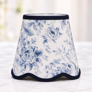 Premium Cotton Floral Print <b>Lampshade</b> | Blue & <b>White</b> Handcrafted Fabric Shade with Scalloped Edge & Contrast Navy - Product Image 2