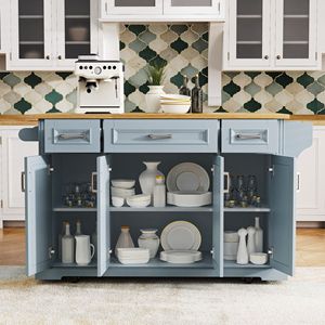 Carrello da Cucina Grande da 54 Pollici con 4 Ante, Texture 3D Goffrata, 4 Ruote, in Legno di Gomma, per Isola Cucina - Product Image 3