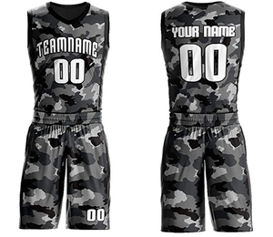 Conjunto de uniforme de baloncesto con estampado de camuflaje, camiseta de baloncesto gris y negra personalizada, ropa deportiva transpirable para equipo, ropa deportiva personalizada. - Product Image 3