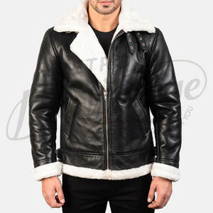 Chaqueta de Cuero Negra Premium para Hombre, Forrada con Piel Sintética Blanca, Estilo Aviador, Chaqueta de Invierno - Product Image 6