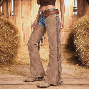Chaps de cuero genuino para mujer, estilo western, de talle alto, ajuste regular, con flecos y cierre de hebilla para montar a caballo. - Product Image 2