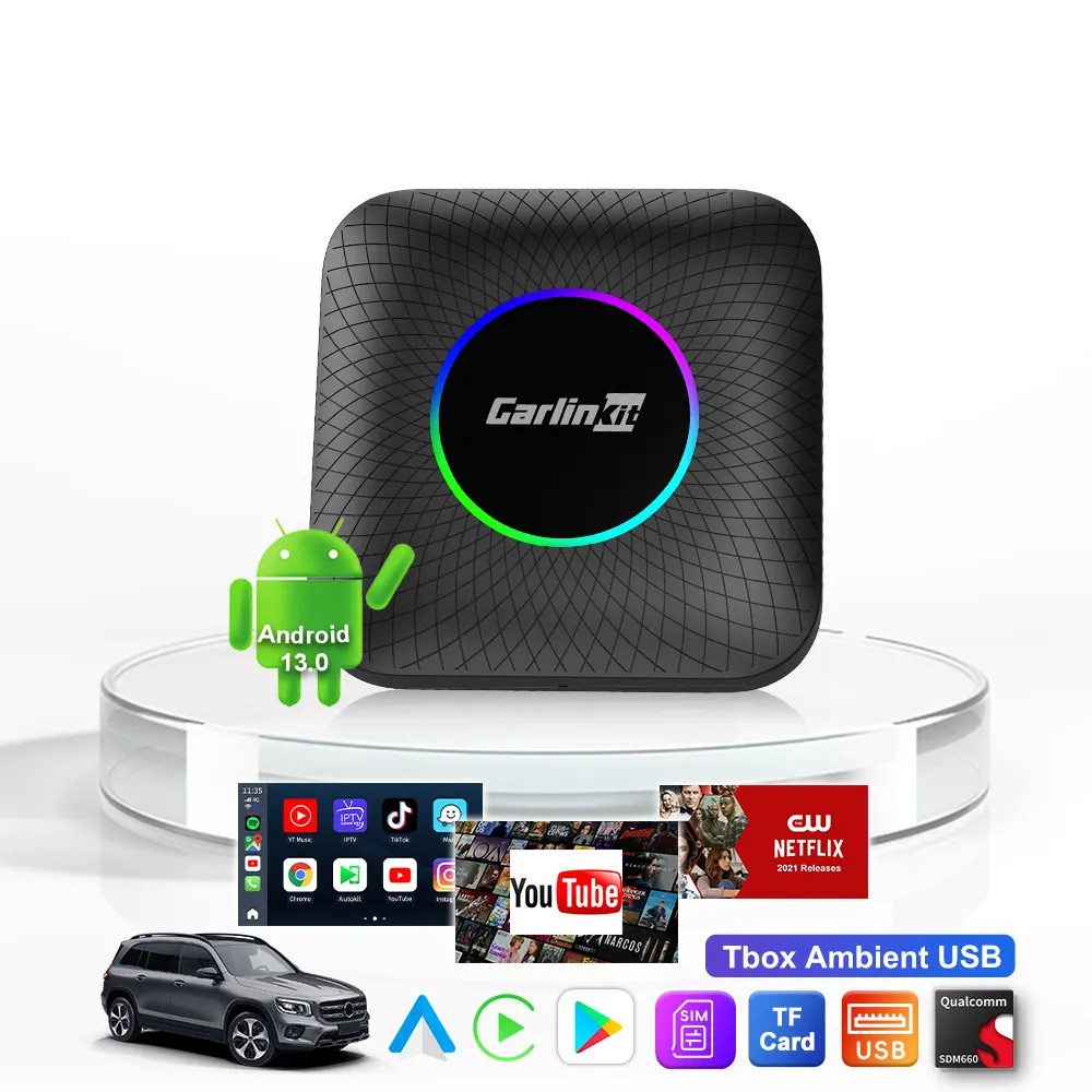 Carlink 128Gb Tbox Umgebungs-Led kabellose AI-Box 3 in 1 Android Auto Usb U-Disk SD-Karte Auto-Multimedia-Box CarPlay Youtube Netflix