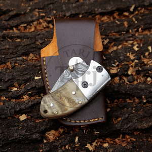 Premium Stainless Damascus Folding Knife Ram Horn Handle Outdoor Hunting <b>Small</b> Pocket Handmade EDC Utility Knife Drop Point - Product Image 5