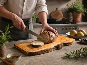Planche à découper en bois d'olivier Bord naturel Forme ronde Antidérapante Durable Lavable au lave-vaisselle Planche à découper de cuisine - Product Image 2