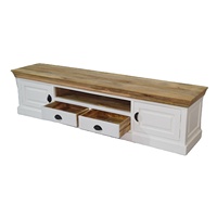 Meuble TV extensible de style européen traditionnel, en bois massif blanc classique, avec 2 tiroirs et plateau marron, polyvalent pour salon