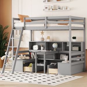 Letto a soppalco grigio per bambini con ripiani contenitore, cassetti, seduta e scrivania - Product Image 3